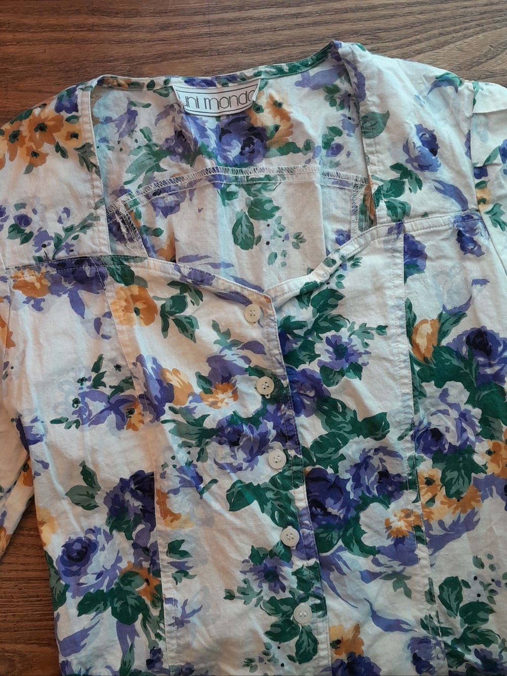 546a. white & blue vintage Uni Mondo floral short sleeve 80s 90s midi dress, M? - Picture 2 of 8